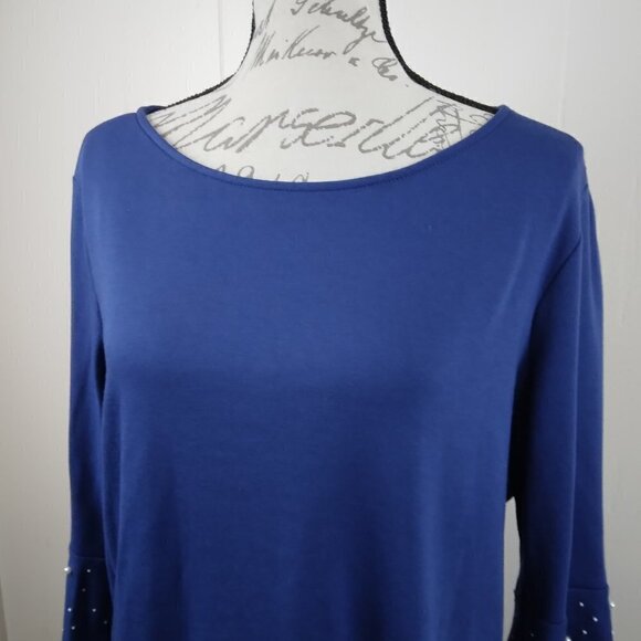 Quacker Factory | Cotton Knit  Bell Sleeve Pearl Trim Pull On Top Blue | Size L - Picture 2 of 9